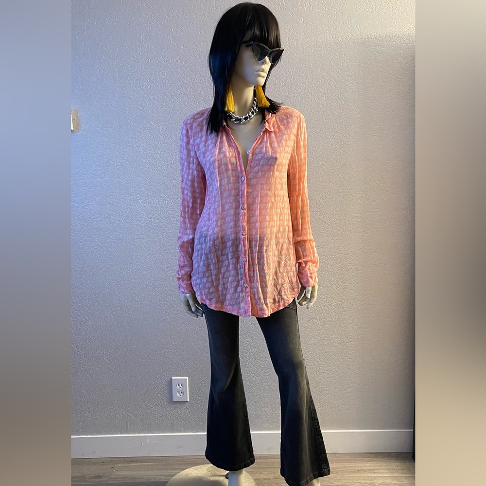 Anthropologie Hei Hei Pink Elephant Print Gauze Button Down Blouse Size M - Picture 2 of 7